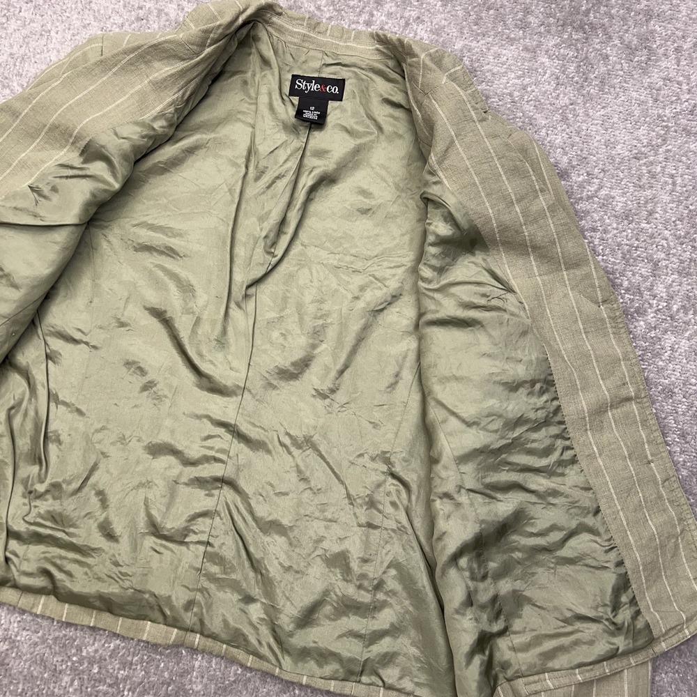 STYLE & CO Womens Size 12 Striped 100% Linen Blazer Patch Pockets Sage Green Y2K - Picture 11 of 14
